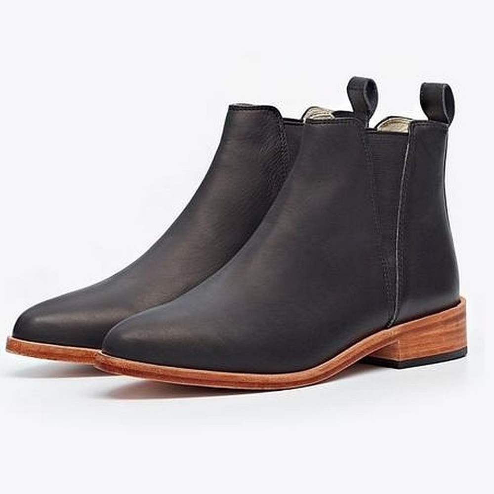 Nisolo Black Leather Chelsea Ankle Boots with Tan Wood Heel